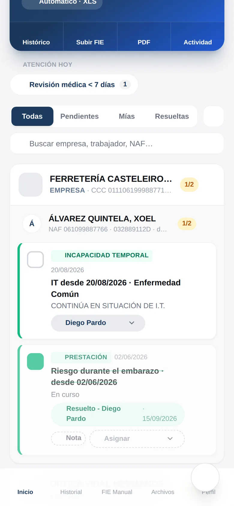 Panel FIE con árbol de incidencias